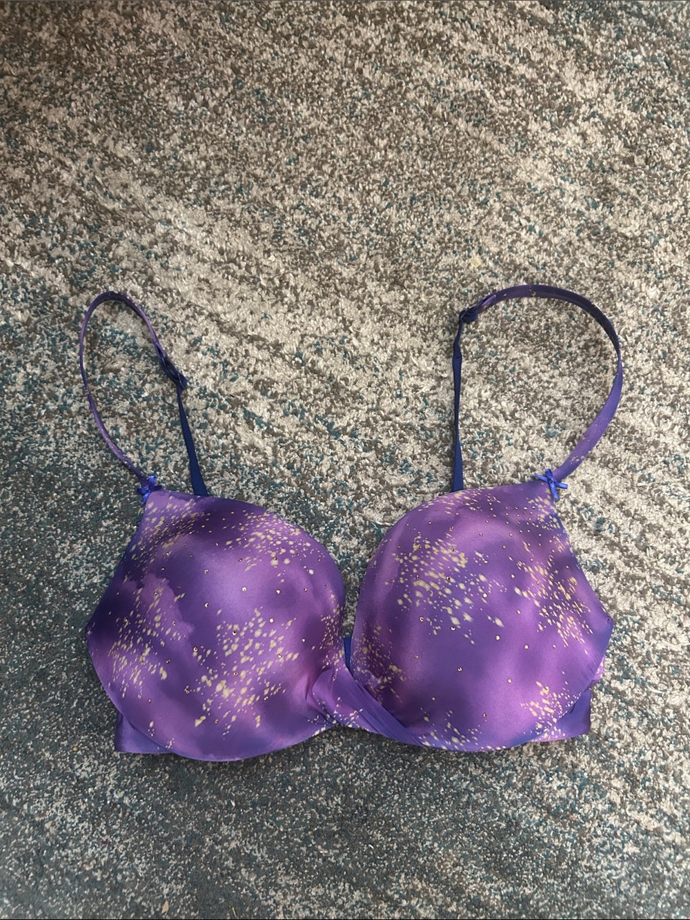 Victoria's Secret Purple/Blue Printed Bra with Gold Speckle and Rhinestones
